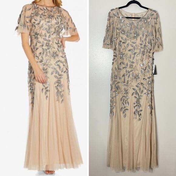 NWT ADRIANNA PAPELL DRESS 12 GOWN FAIRY WHIMSICAL SEQUIN BEADED FLORAL GODETS - Picture 1 of 16